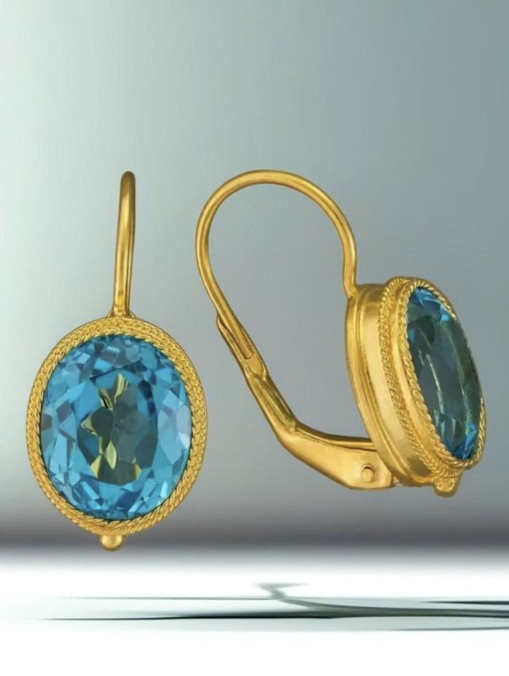 18k Gold Plated Oval Blue Topaz Crystal Earrings New - Picture 2 of 3